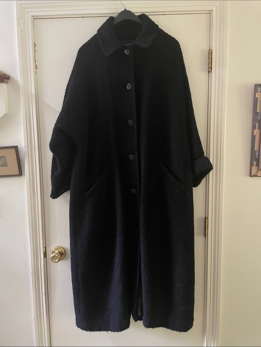 Eileen Fisher Black Boucle Textured Teddy Button-Front MAXI Coat